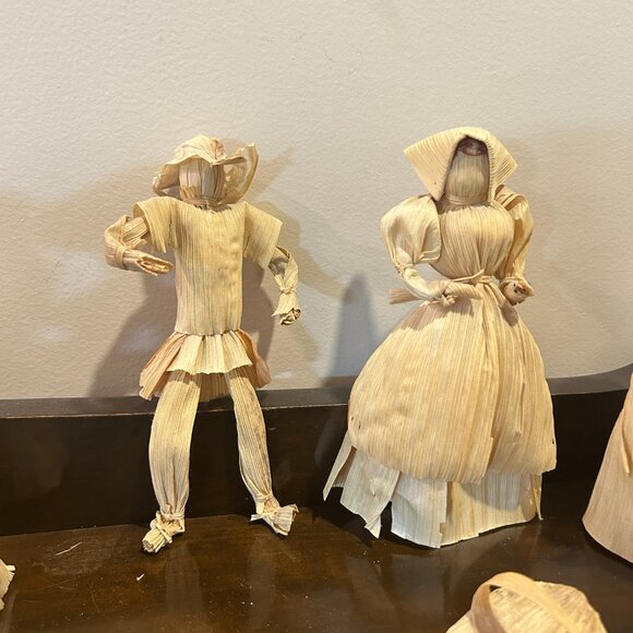 Vintage Rustic Corn Husk Dolls Set of 5 Handmade Folk Art Thanksgiving Decor - Picture 7 of 8